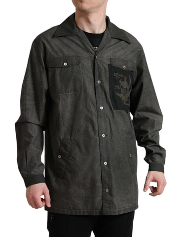 Dark gray cotton long sleeve shirt with a collar from Dolce & Gabbana, shown on a hanger.