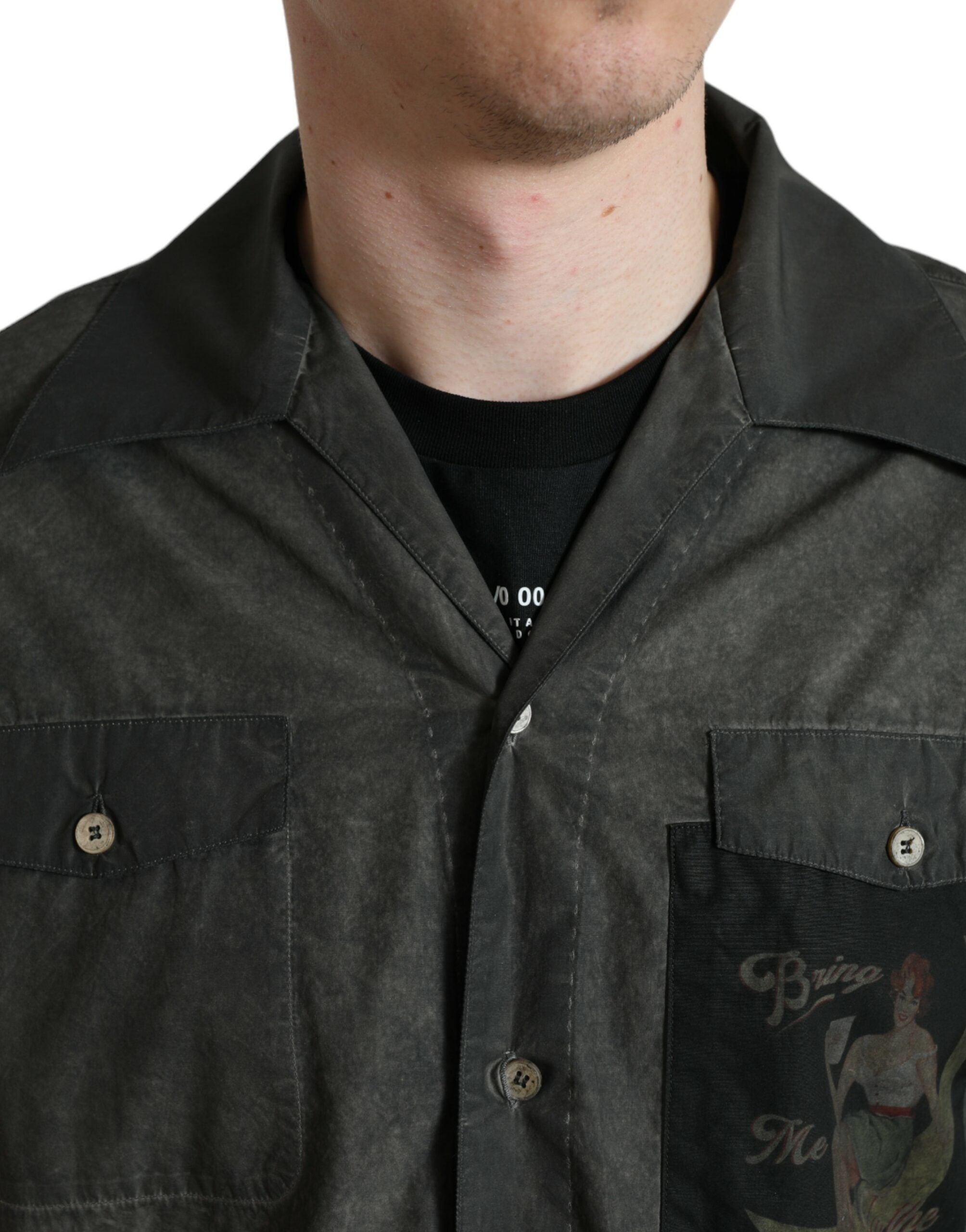 Dark gray cotton long sleeve shirt with collar from Dolce & Gabbana, shown on a hanger against a neutral background.