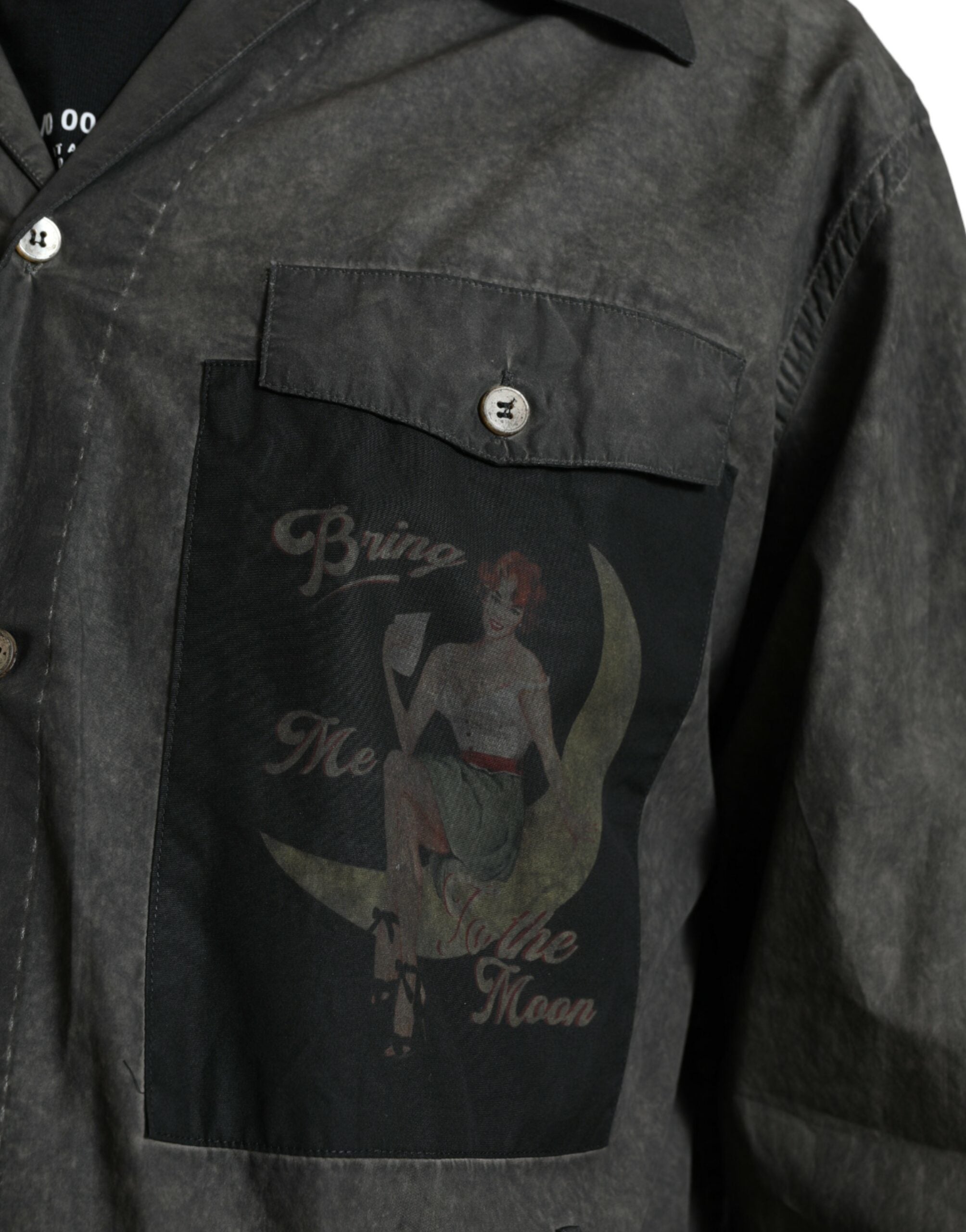 Dark gray cotton long sleeve shirt with collar from Dolce & Gabbana, shown on a hanger.