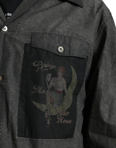 Dark gray cotton long sleeve shirt with collar from Dolce & Gabbana, shown on a hanger.