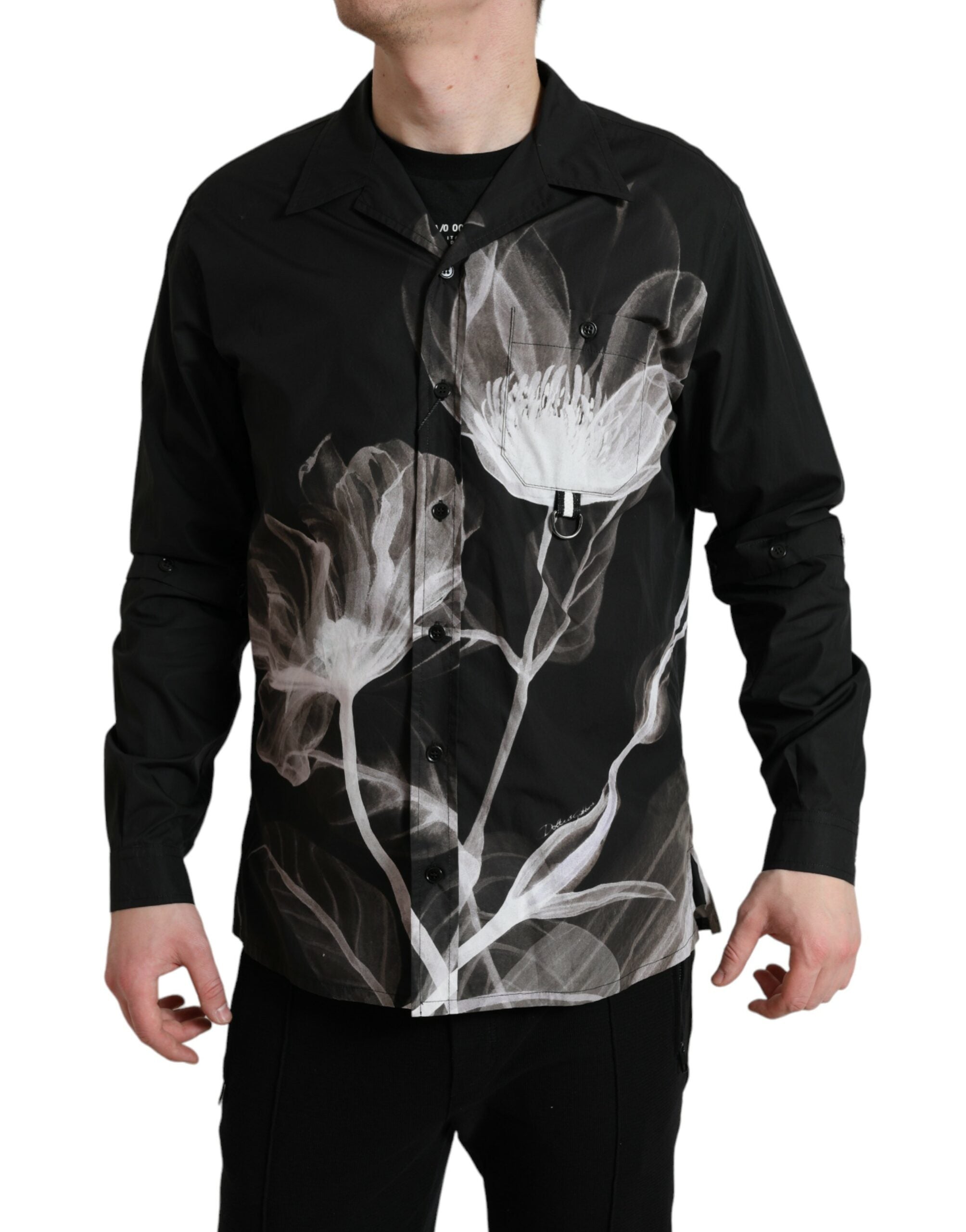 Black floral cotton long-sleeve men's shirt with a collar by Dolce & Gabbana, featuring a stylish floral pattern.