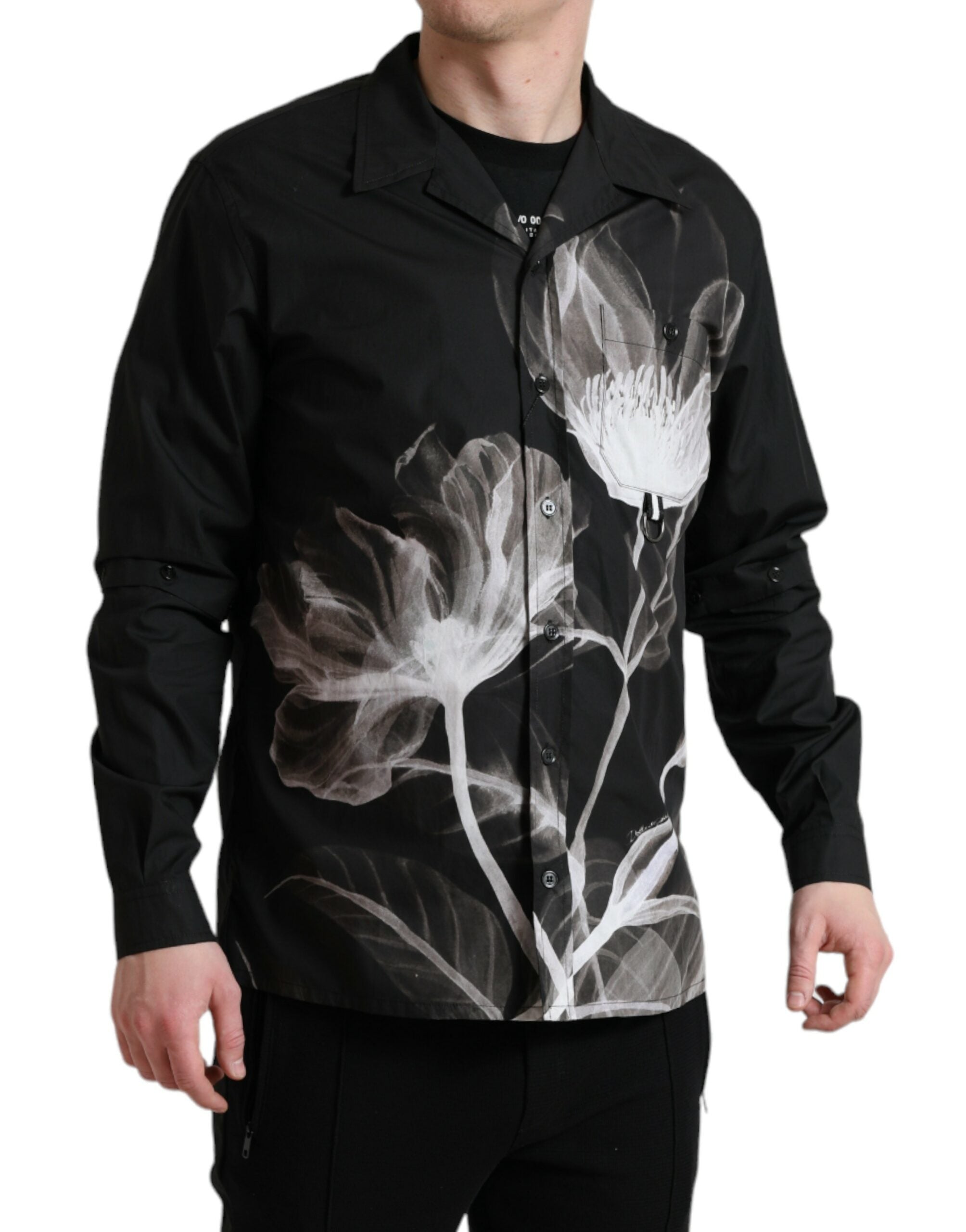 Black floral cotton men's shirt with long sleeves and collar by Dolce & Gabbana, featuring a stylish floral pattern.