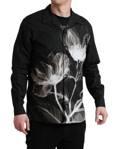 Black floral cotton men's shirt with long sleeves and collar by Dolce & Gabbana, featuring a stylish floral pattern.