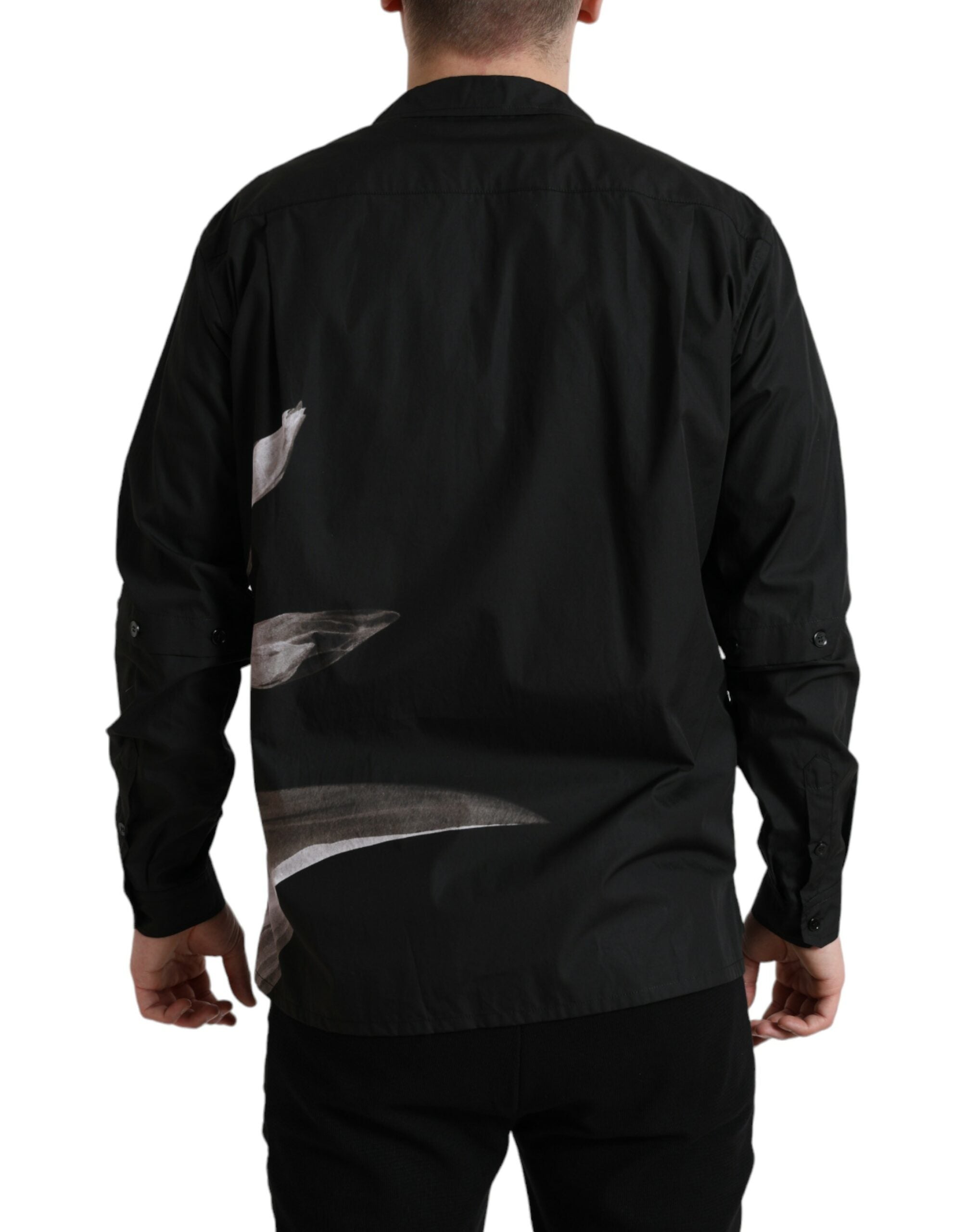 Black floral cotton long sleeve men's shirt with a collar by Dolce & Gabbana, featuring a vibrant floral pattern.