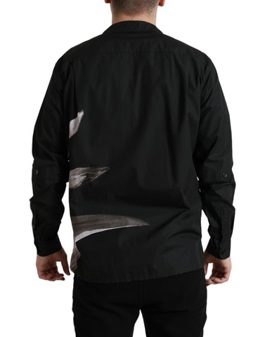 Black floral cotton long sleeve men's shirt with a collar by Dolce & Gabbana, featuring a vibrant floral pattern.