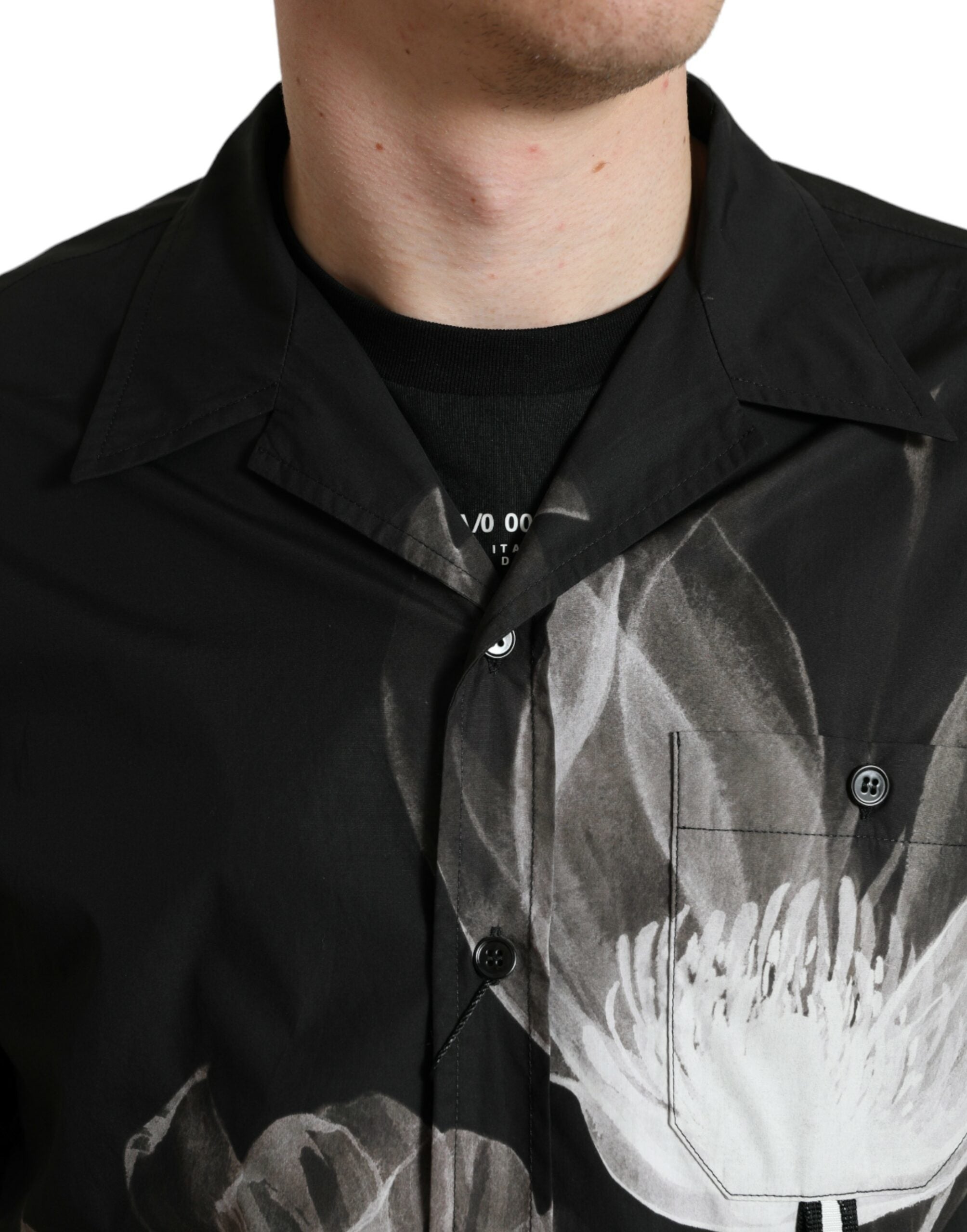 Black floral cotton long-sleeve men's shirt with collar by Dolce & Gabbana, featuring a stylish floral pattern.