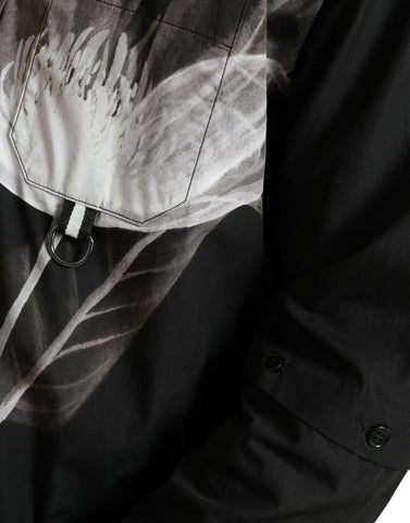 Black floral cotton long-sleeve men's shirt with a collar by Dolce & Gabbana, featuring a stylish floral pattern.