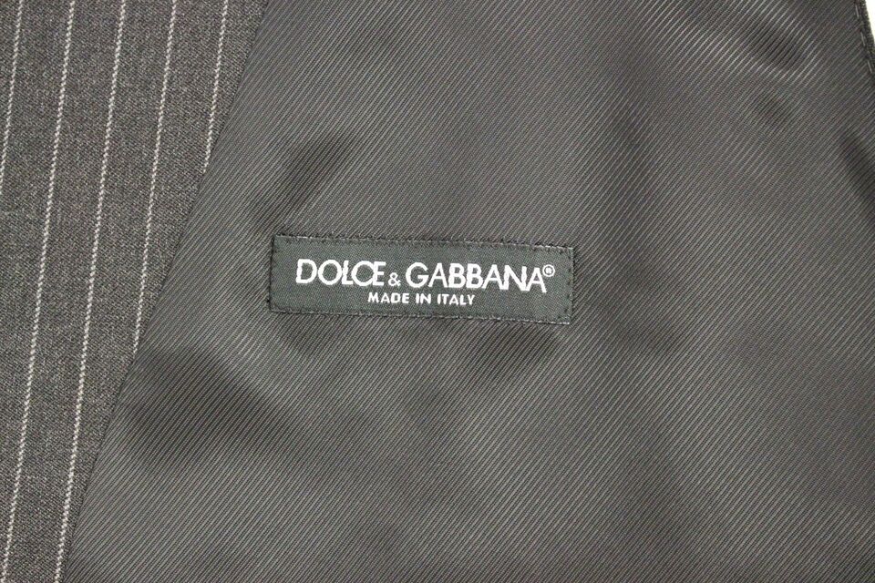 Gray striped wool single-breasted vest by Dolce & Gabbana, tailored fit with button closure and classic lapel detail.