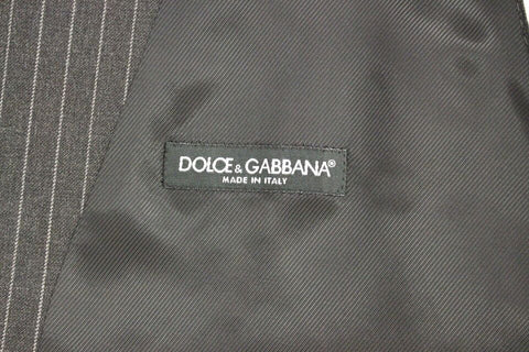 Gray striped wool single-breasted vest by Dolce & Gabbana, tailored fit with button closure and classic lapel detail.
