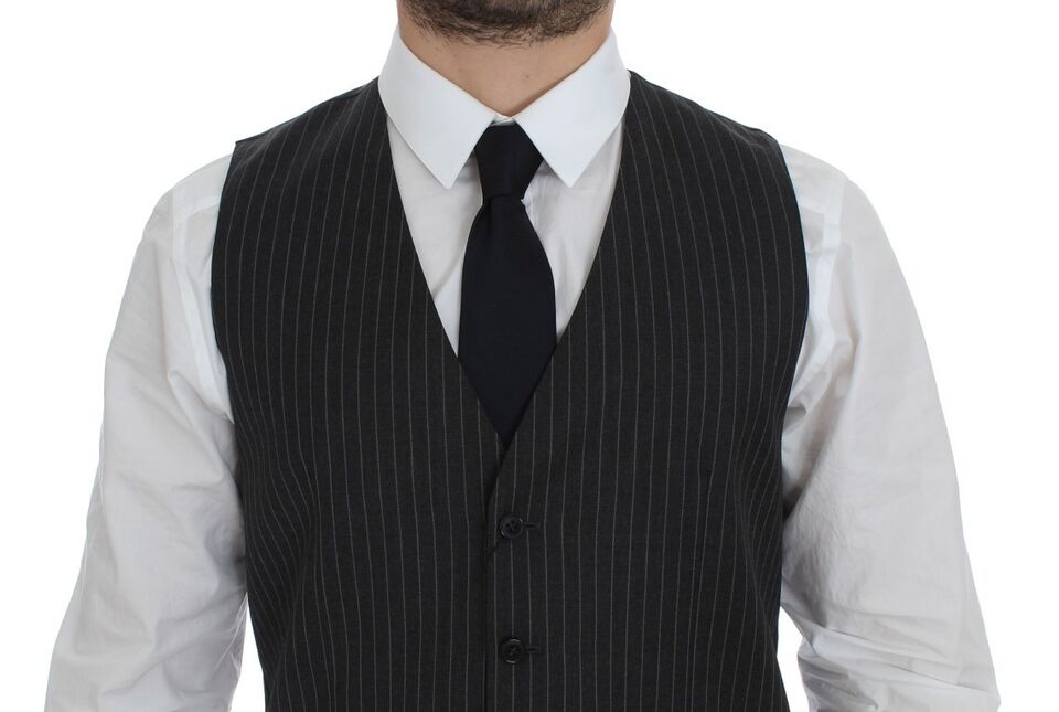 Gray striped wool single-breasted vest by Dolce & Gabbana, featuring tailored fit and classic button closure.