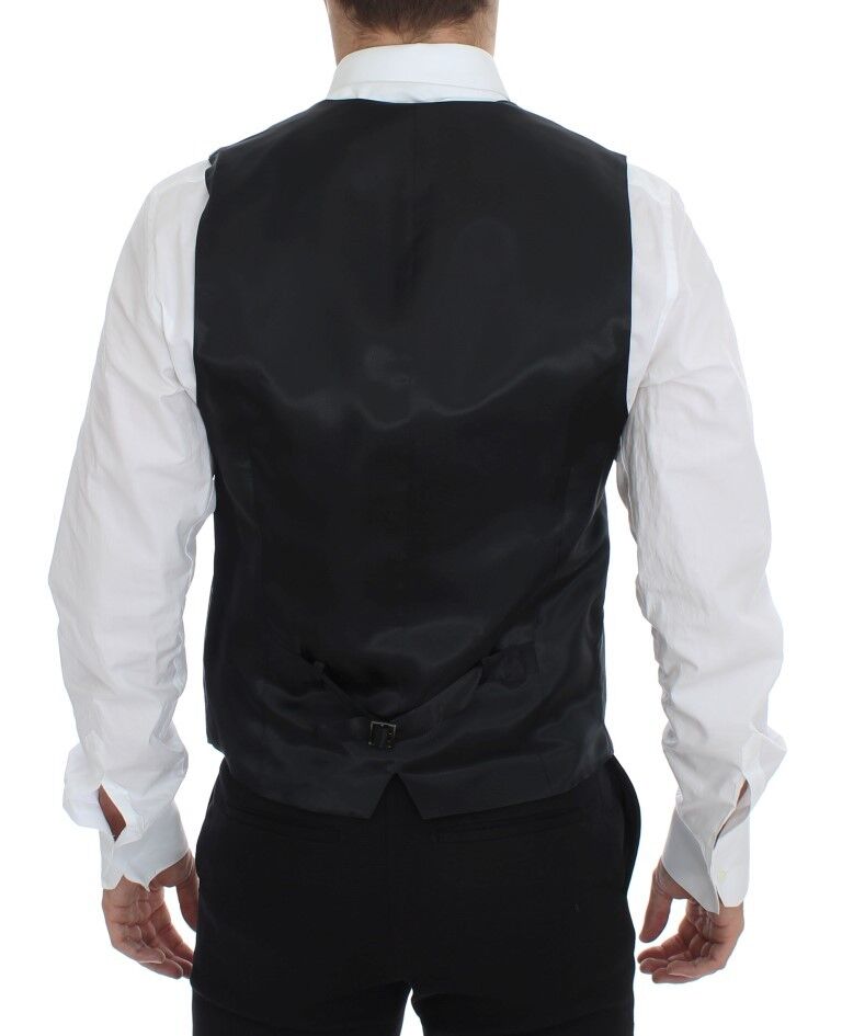 Gray striped wool single-breasted vest by Dolce & Gabbana, tailored fit with button closure and classic lapel.