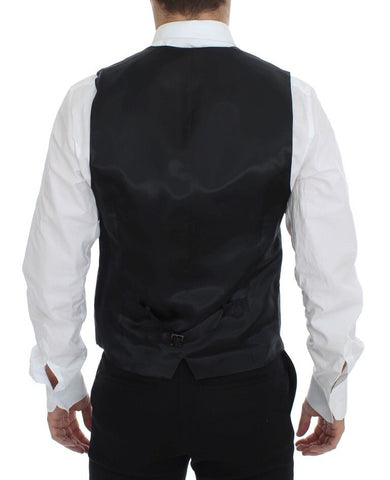 Gray striped wool single-breasted vest by Dolce & Gabbana, tailored fit with button closure and classic lapel.