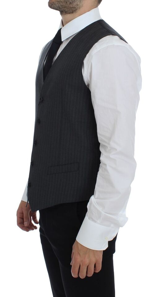 Black striped wool single-breasted vest by Dolce & Gabbana, featuring tailored fit and classic design.