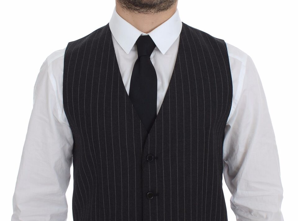 Gray wool vest with black striped pattern and Dolce & Gabbana logo, sleeveless gilet style for a stylish layered look.