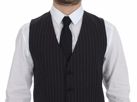Gray wool vest with black striped pattern and Dolce & Gabbana logo, sleeveless gilet style for a stylish layered look.