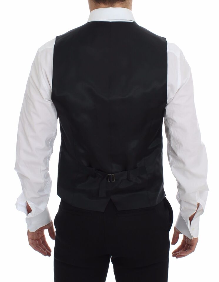 Gray striped wool logo vest by Dolce & Gabbana, featuring a sleeveless design and front logo embroidery.