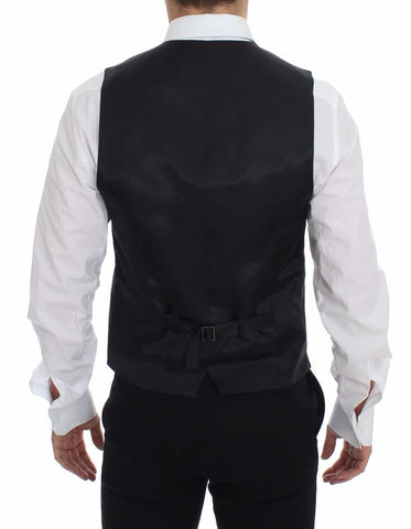 Gray striped wool logo vest by Dolce & Gabbana, featuring a sleeveless design and front logo embroidery.