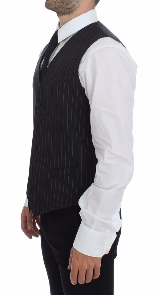 Gray striped wool logo vest by Dolce & Gabbana, featuring a sleeveless design with a classic fit and subtle branding details.