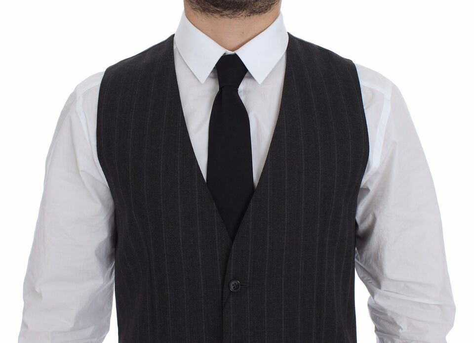 Gray striped wool Dolce & Gabbana logo vest featuring a sleeveless design and a fitted silhouette.