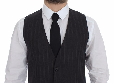 Gray striped wool Dolce & Gabbana logo vest featuring a sleeveless design and a fitted silhouette.