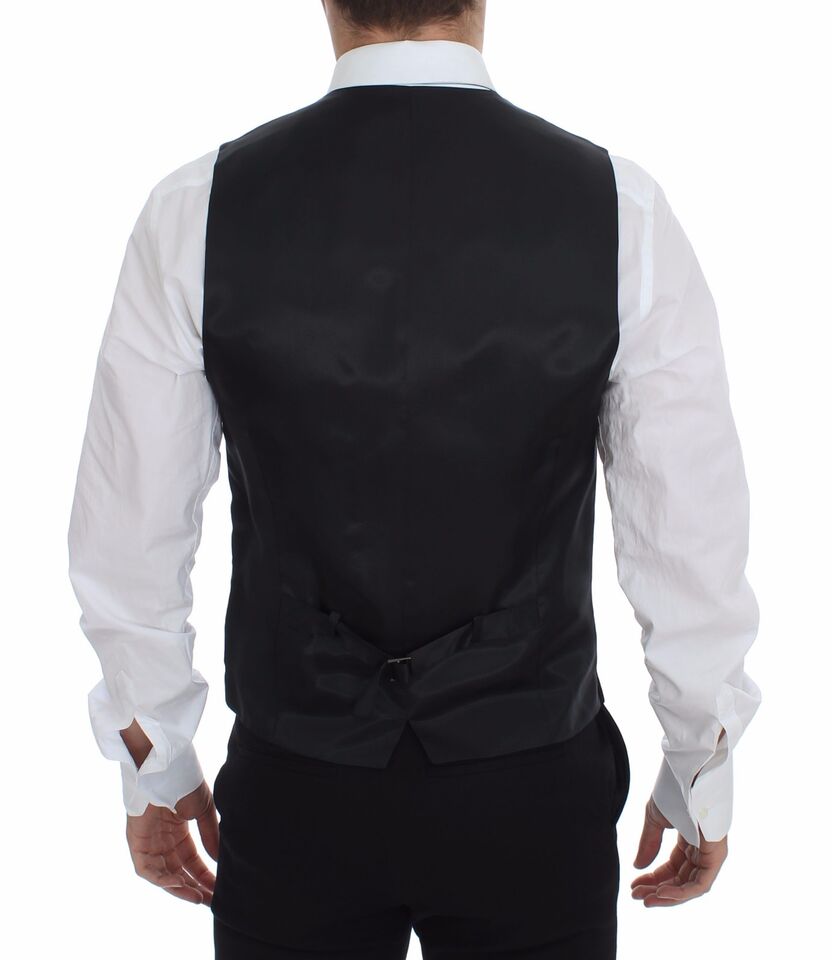 Gray wool vest with black striped pattern and Dolce & Gabbana logo, sleeveless gilet style, tailored and stylish.