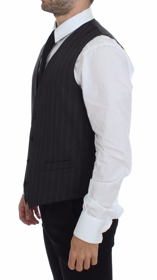 Gray striped wool Dolce & Gabbana logo vest, sleeveless gilet with front buttons and branded embroidery, casual and stylish outerwear.