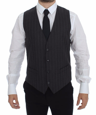 Gray wool vest with black striped pattern and Dolce & Gabbana logo, sleeveless gilet style for men's fashion.