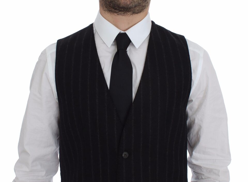 Black striped wool Dolce & Gabbana logo vest featuring a sleeveless design and tailored fit.