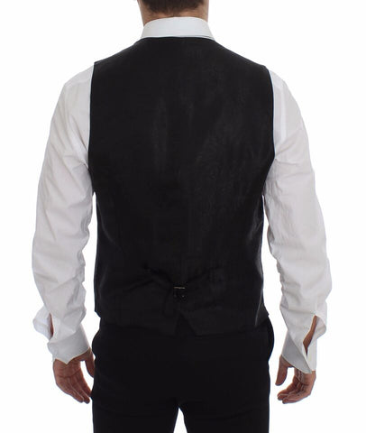 Black striped wool Dolce & Gabbana logo vest gilet with sleeveless design and front button closure.