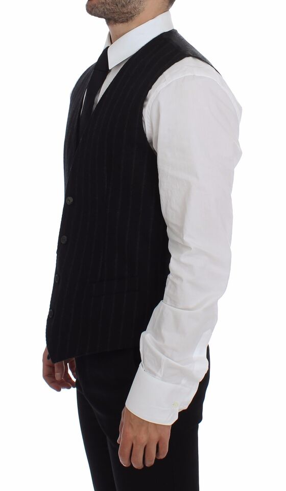 Black wool logo vest with black and gray stripes, sleeveless gilet from Dolce & Gabbana featuring a tailored fit.
