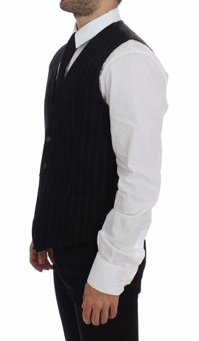 Black wool logo vest with black and gray stripes, sleeveless gilet from Dolce & Gabbana featuring a tailored fit.