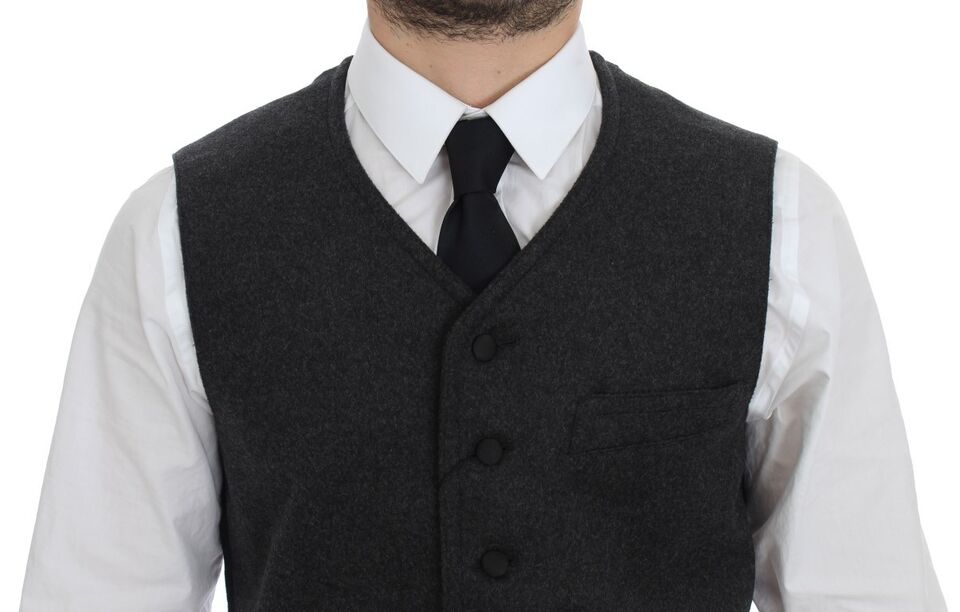 Gray wool blend Dolce & Gabbana logo vest with front zipper and sleeveless design, showcasing a stylish and cozy men's gilet.