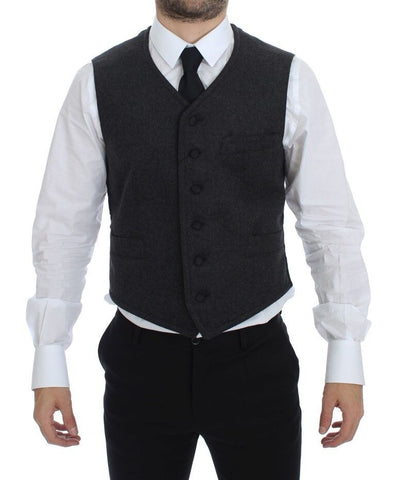 Gray wool blend logo vest by Dolce & Gabbana, stylish gilet with branded logo, front view showing the sleeveless design.