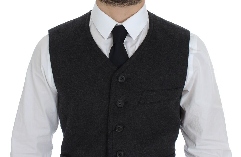 Gray wool blend vest gilet by Dolce & Gabbana, showing a close-up of the textured fabric and tailored fit.