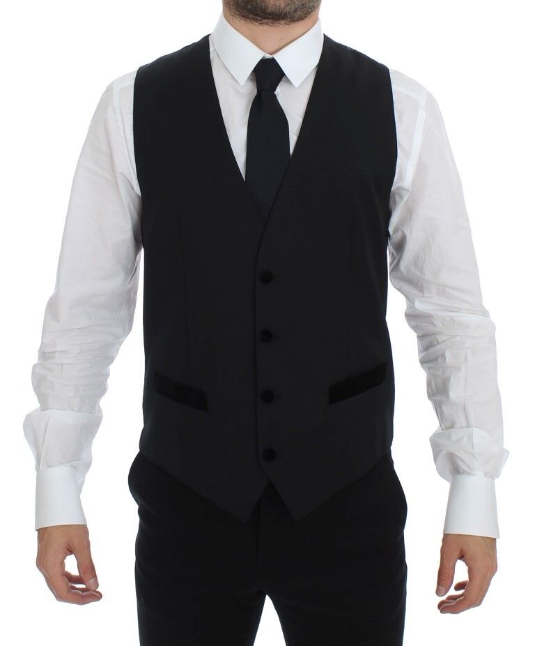 Black wool formal dress vest by Dolce & Gabbana, tailored gilet with sleek design, ideal for sophisticated men's fashion.
