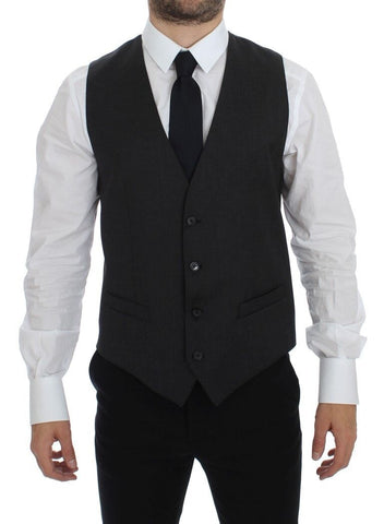 Gray wool formal dress vest by Dolce & Gabbana, stylish men's gilet with tailored fit and refined lapel details.