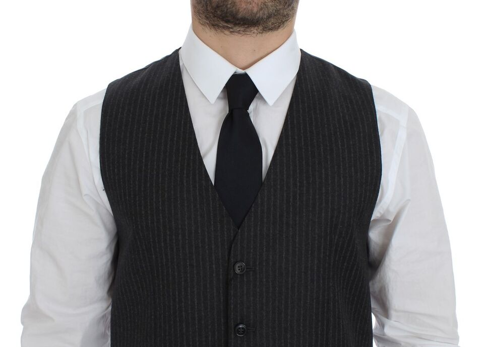 Gray striped wool single-breasted vest by Dolce & Gabbana displayed on a mannequin.