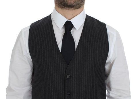 Gray striped wool single-breasted vest by Dolce & Gabbana displayed on a mannequin.