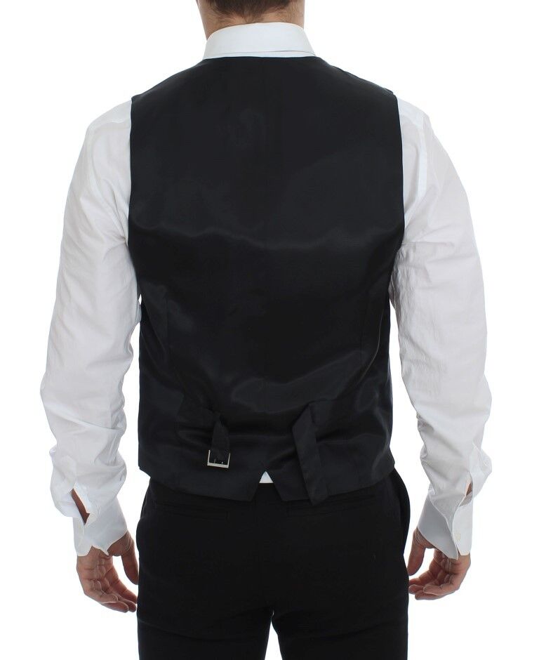 Gray striped wool single-breasted vest by Dolce & Gabbana, featuring tailored fit and classic design.