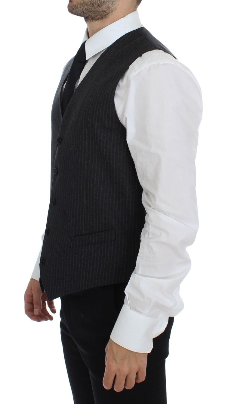 Gray striped wool single-breasted vest by Dolce & Gabbana, featuring tailored fit and classic design details.