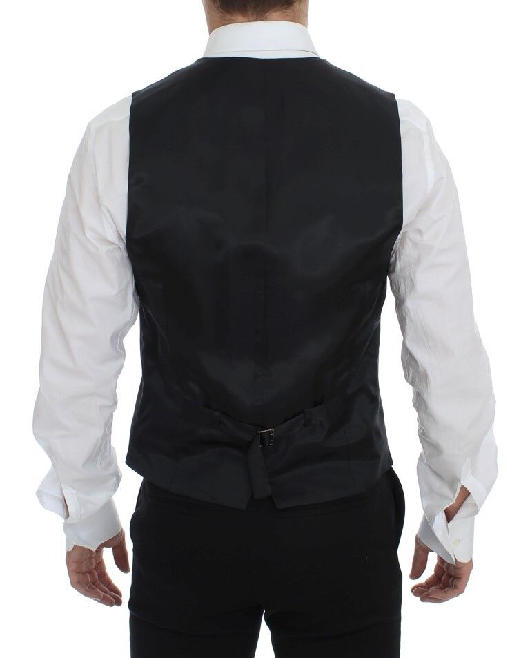 Gray striped wool single-breasted vest by Dolce & Gabbana, featuring tailored fit and classic design.