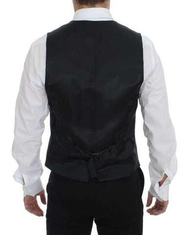 Gray striped wool single-breasted vest by Dolce & Gabbana, featuring tailored fit and classic design.