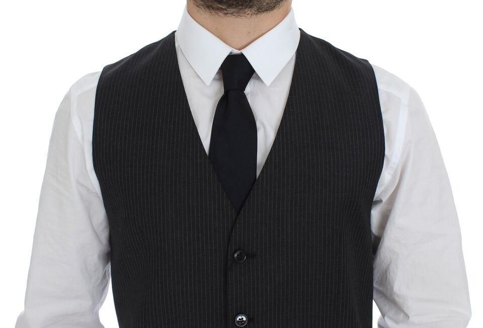 Gray striped wool single-breasted vest by Dolce & Gabbana, featuring tailored fit and classic design.