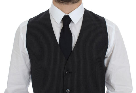 Gray striped wool single-breasted vest by Dolce & Gabbana, featuring tailored fit and classic design.
