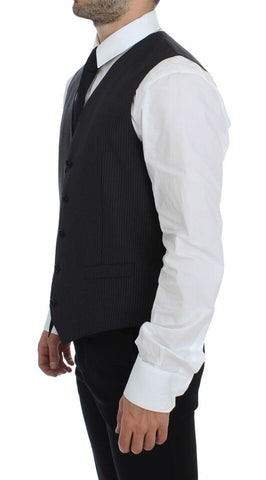 Gray striped wool single-breasted vest by Dolce & Gabbana, featuring tailored fit and classic design details.