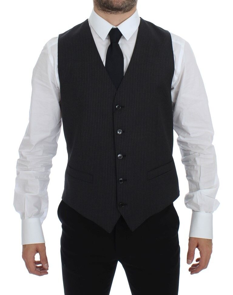 Gray striped wool vest with single-breasted design from Dolce & Gabbana, featuring tailored fit and classic style.