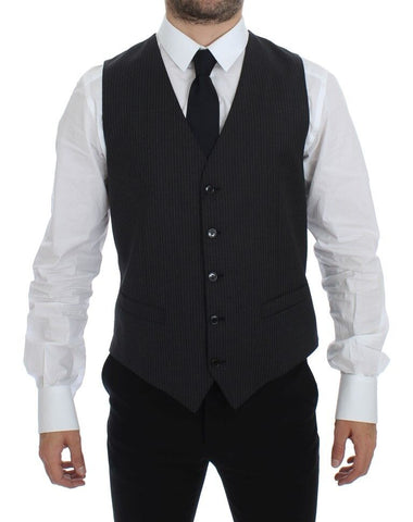 Gray striped wool vest with single-breasted design from Dolce & Gabbana, featuring tailored fit and classic style.