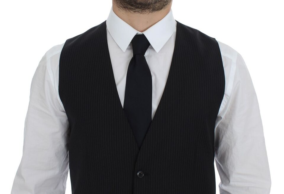 Black striped wool single-breasted vest by Dolce & Gabbana, featuring a fitted design and button closure.