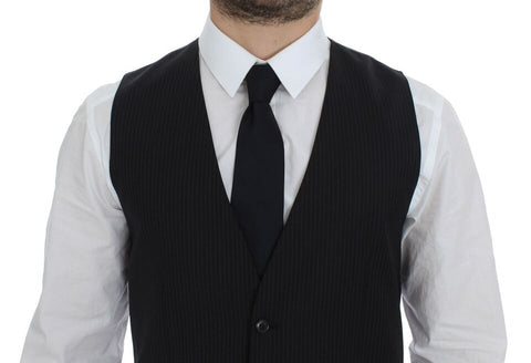 Black striped wool single-breasted vest by Dolce & Gabbana, featuring a fitted design and button closure.