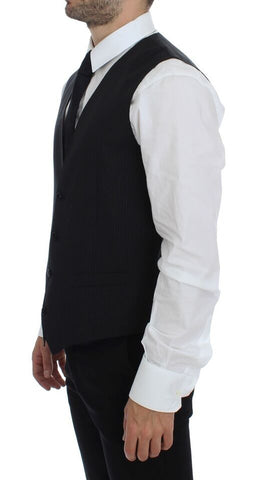 Black striped wool single-breasted vest by Dolce & Gabbana, featuring tailored fit and classic button closure.